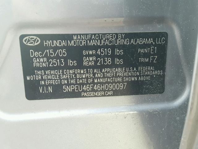 5NPEU46F46H090097 - 2006 HYUNDAI SONATA GLS GRAY photo 10