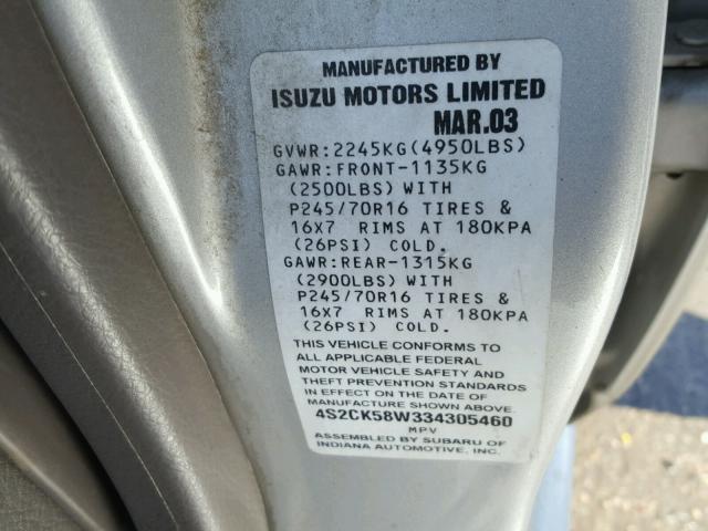 4S2CK58W334305460 - 2003 ISUZU RODEO S GRAY photo 10