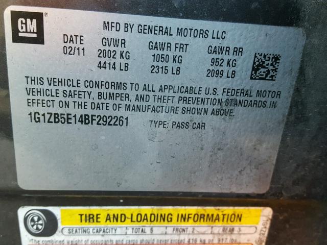 1G1ZB5E14BF292261 - 2011 CHEVROLET MALIBU LS ნაცრისფერი ფოტო 10