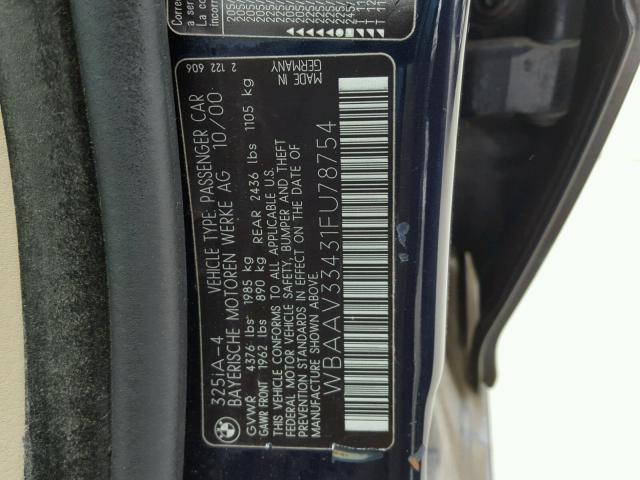 WBAAV33431FU78754 - 2001 BMW 325 I BLUE photo 10