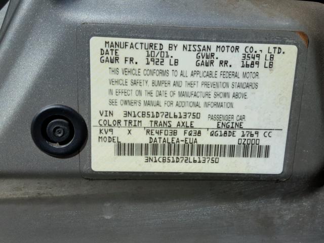 3N1CB51D72L613750 - 2002 NISSAN SENTRA XE SILVER photo 10