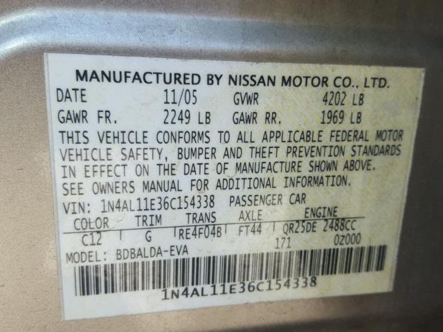 1N4AL11E36C154338 - 2006 NISSAN ALTIMA S TAN photo 10