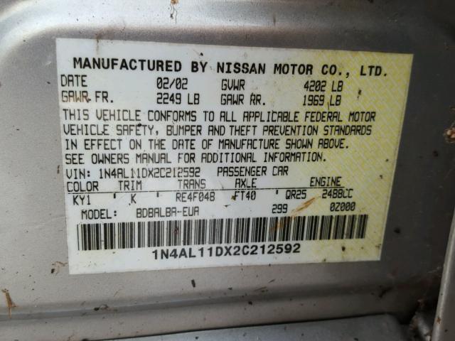 1N4AL11DX2C212592 - 2002 NISSAN ALTIMA BAS SILVER photo 10