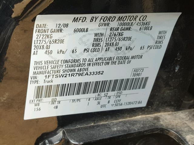 1FTSW21R79EA33352 - 2009 FORD F250 SUPER BLACK photo 10