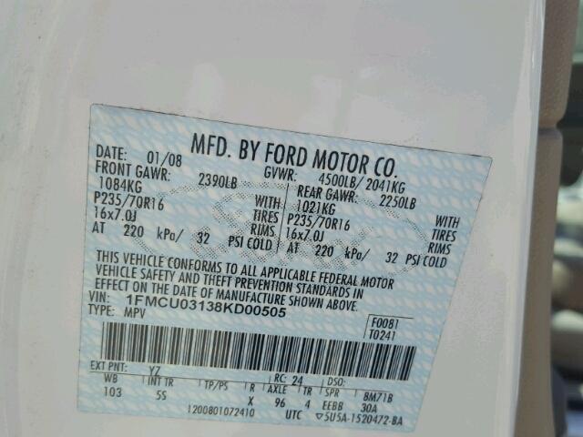 1FMCU03138KD00505 - 2008 FORD ESCAPE XLT WHITE photo 10