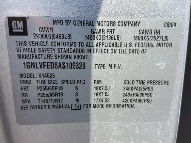 1GNLVFED6AS106320 - 2010 CHEVROLET TRAVERSE L SILVER photo 10