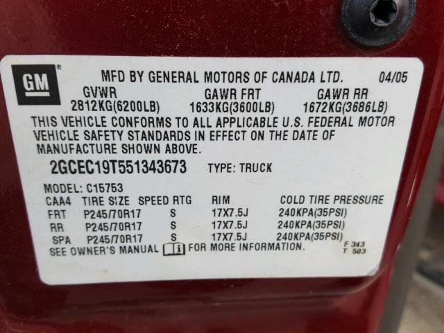 2GCEC19T551343673 - 2005 CHEVROLET SILVERADO RED photo 10