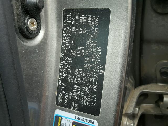 KNDJT2A29A7179218 - 2010 KIA SOUL + GRAY photo 10