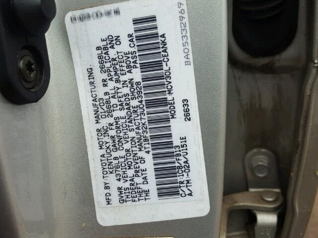 4T1BF32K73U043928 - 2003 TOYOTA CAMRY LE SILVER photo 10