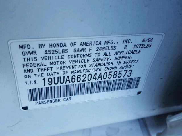 19UUA66204A058573 - 2004 ACURA TL WHITE photo 10