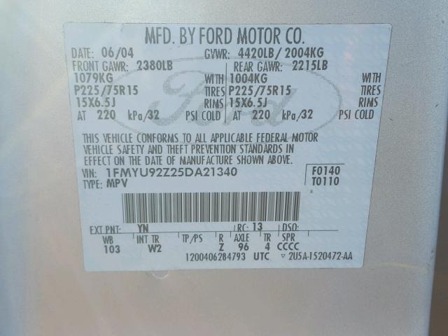 1FMYU92Z25DA21340 - 2005 FORD ESCAPE XLS SILVER photo 10