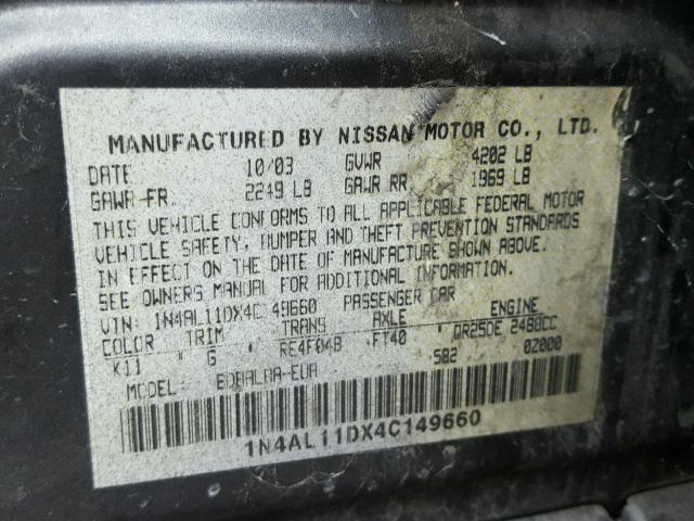 1N4AL11DX4C149660 - 2004 NISSAN ALTIMA BAS GRAY photo 10