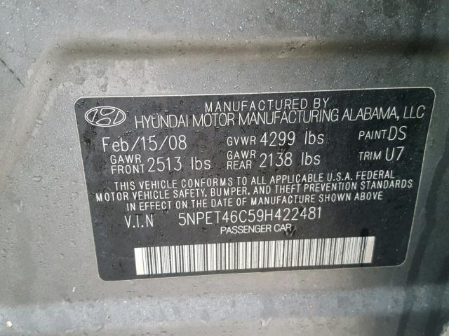 5NPET46C59H422481 - 2009 HYUNDAI SONATA GLS GRAY photo 10