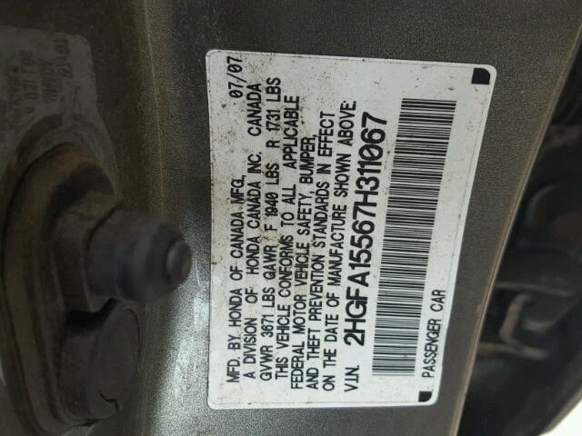 2HGFA15567H311067 - 2007 HONDA CIVIC LX GRAY photo 10