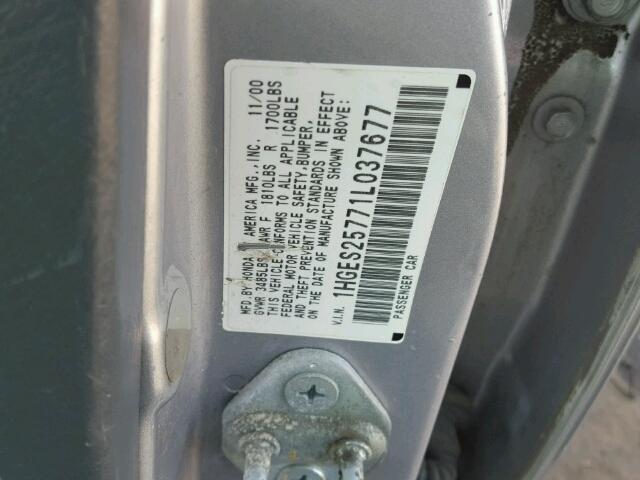 1HGES25771L037677 - 2001 HONDA CIVIC EX SILVER photo 10