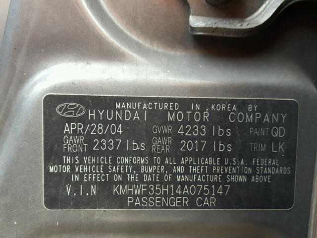 KMHWF35H14A075147 - 2004 HYUNDAI SONATA GLS GRAY photo 10