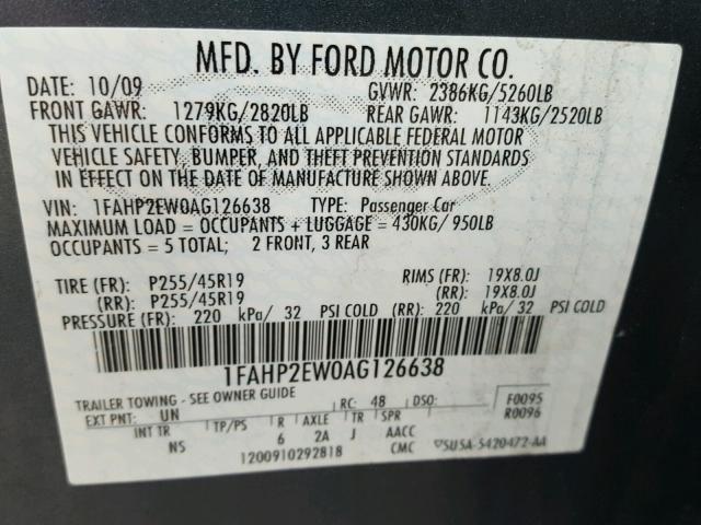 1FAHP2EW0AG126638 - 2010 FORD TAURUS SEL BLUE photo 10