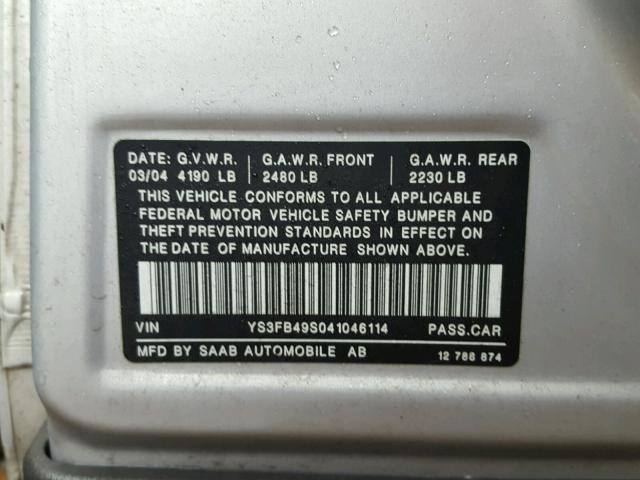 YS3FB49S041046114 - 2004 SAAB 9-3 LINEAR GRAY photo 10