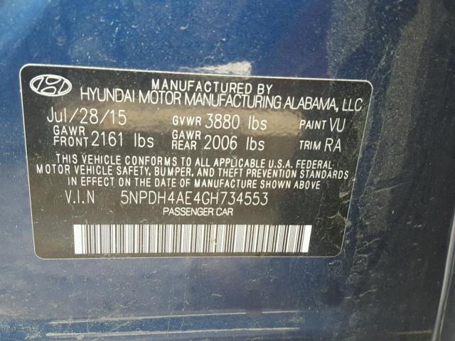 5NPDH4AE4GH734553 - 2016 HYUNDAI ELANTRA SE BLUE photo 10