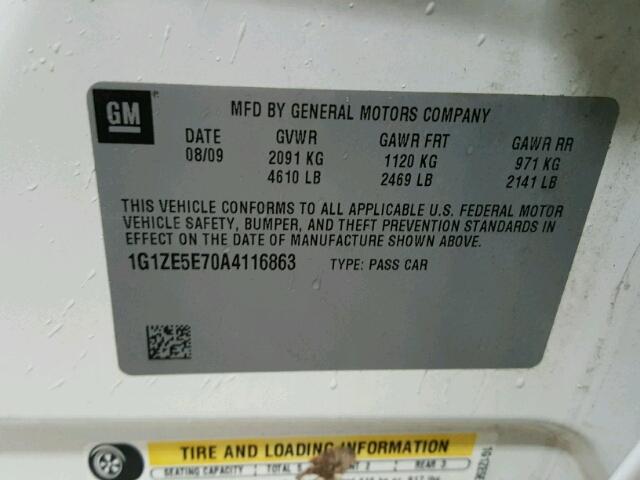 1G1ZE5E70A4116863 - 2010 CHEVROLET MALIBU LTZ 白色 照片 10
