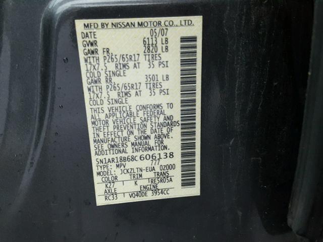 5N1AR18B68C606138 - 2008 NISSAN PATHFINDER GRAY photo 10