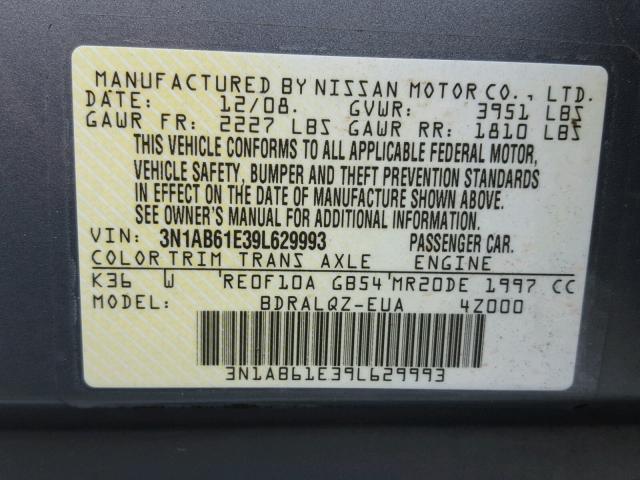 3N1AB61E39L629993 - 2009 NISSAN SENTRA 2.0 GRAY photo 10