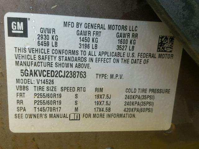 5GAKVCED2CJ238763 - 2012 BUICK ENCLAVE CHARCOAL photo 10