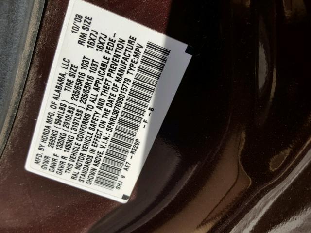 5FNRL38789B015779 - 2009 HONDA ODYSSEY EX BURGUNDY photo 10