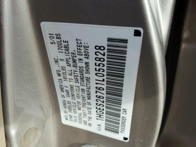 1HGES26761L055828 - 2001 HONDA CIVIC EX ბეჟი ფოტო 10