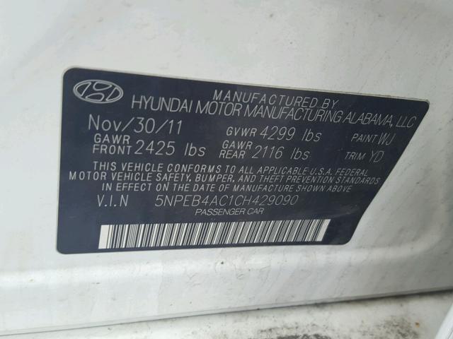 5NPEB4AC1CH429090 - 2012 HYUNDAI SONATA GLS WHITE photo 10