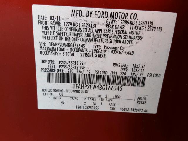 1FAHP2EW4BG166545 - 2011 FORD TAURUS SEL RED photo 10