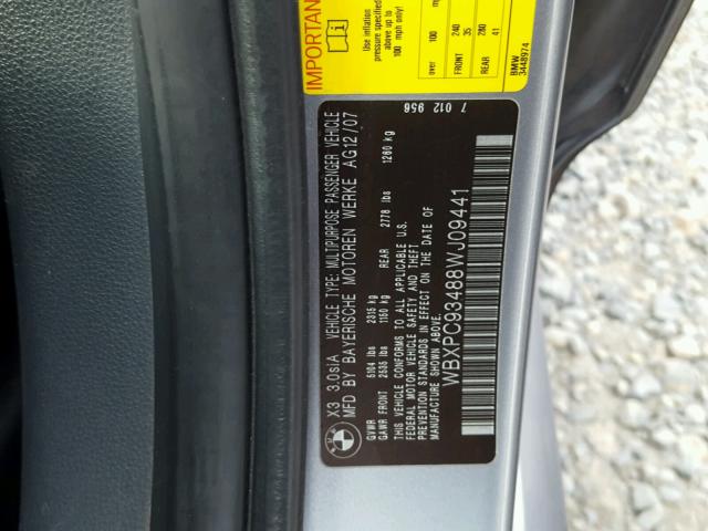 WBXPC93488WJ09441 - 2008 BMW X3 3.0SI SILVER photo 10