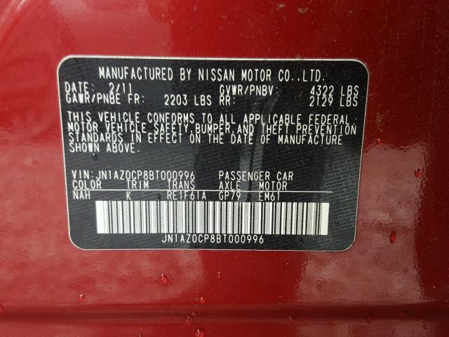 JN1AZ0CP8BT000996 - 2011 NISSAN LEAF SV RED photo 10