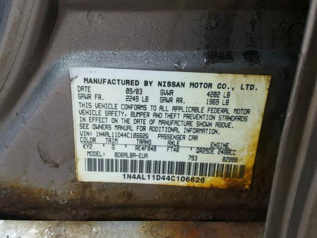 1N4AL11D44C106626 - 2004 NISSAN ALTIMA BAS BEIGE photo 10