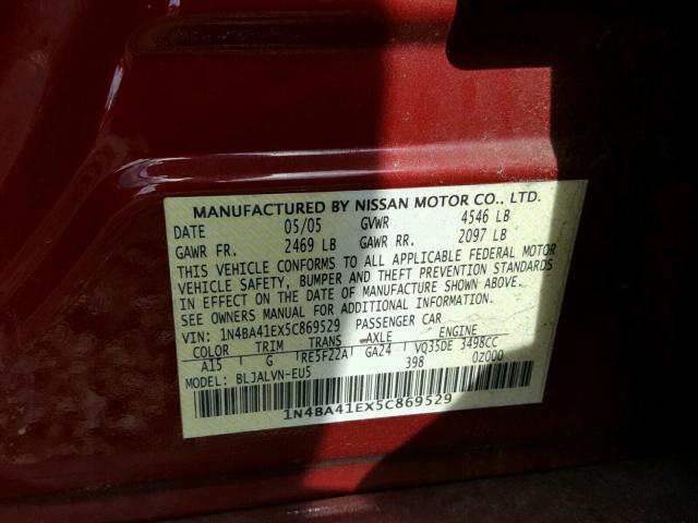 1N4BA41EX5C869529 - 2005 NISSAN MAXIMA SE RED photo 10