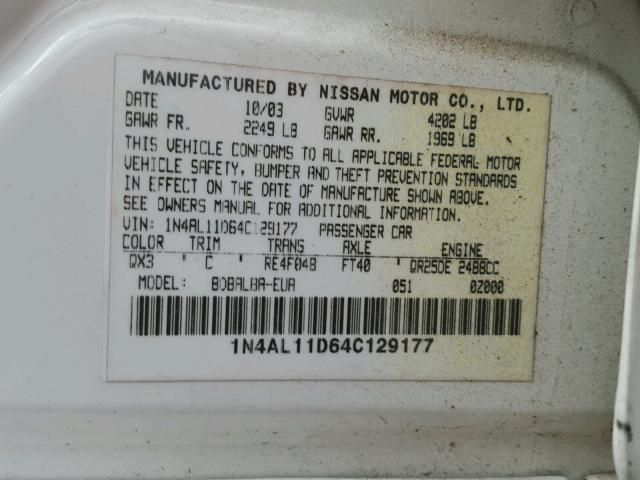 1N4AL11D64C129177 - 2004 NISSAN ALTIMA BAS WHITE photo 10