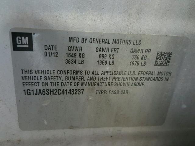 1G1JA6SH2C4143237 - 2012 CHEVROLET SONIC LS 银色 照片 10