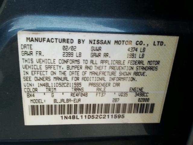 1N4BL11D52C211595 - 2002 NISSAN ALTIMA SE GREEN photo 10