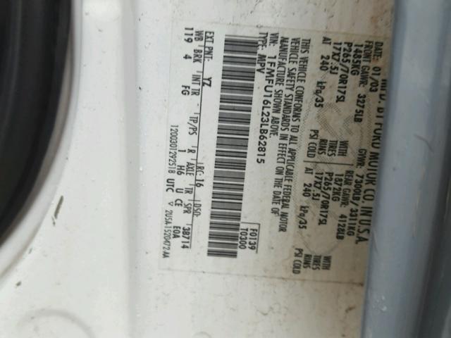 1FMFU16L23LB62815 - 2003 FORD EXPEDITION WHITE photo 10