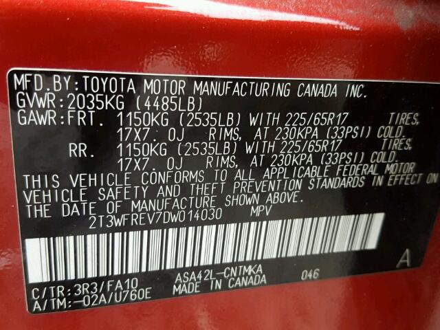 2T3WFREV7DW014030 - 2013 TOYOTA RAV4 XLE RED photo 10