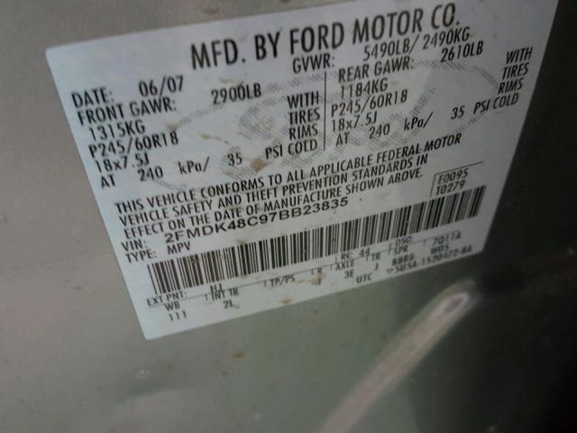 2FMDK48C97BB23835 - 2007 FORD EDGE SEL GRAY photo 10