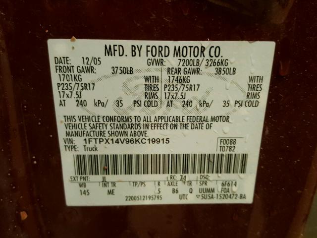 1FTPX14V96KC19915 - 2006 FORD F150 MAROON photo 10