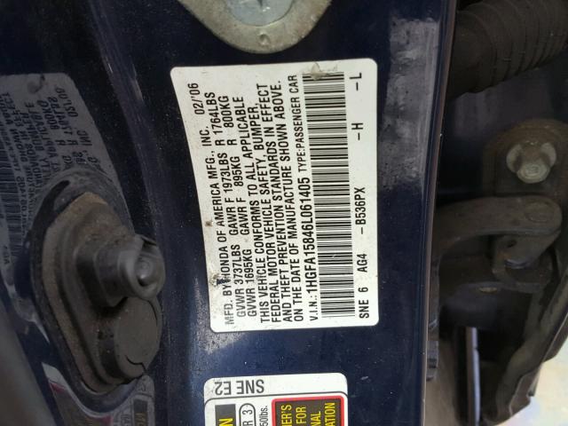 1HGFA15846L061405 - 2006 HONDA CIVIC EX Կապույտ լուսանկար 10