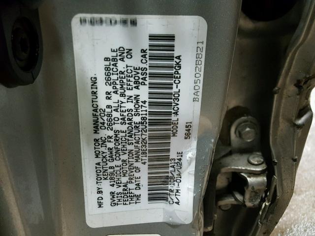 4T1BE32K72U581174 - 2002 TOYOTA CAMRY LE SILVER photo 10