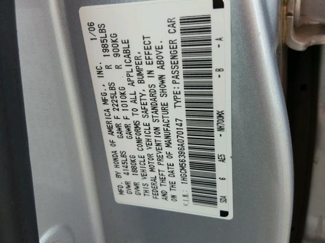 1HGCM56396A070147 - 2006 HONDA ACCORD SE SILVER photo 10