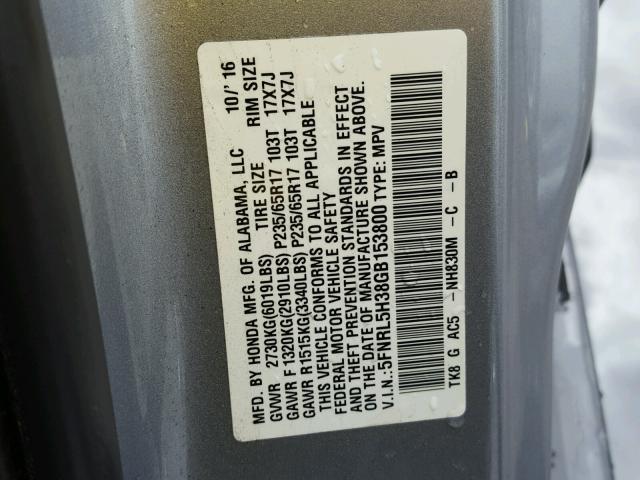 5FNRL5H38GB153800 - 2016 HONDA ODYSSEY SE SILVER photo 10