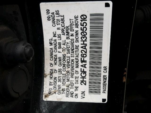 2HGFA1F62AH305510 - 2010 HONDA CIVIC BLACK photo 10