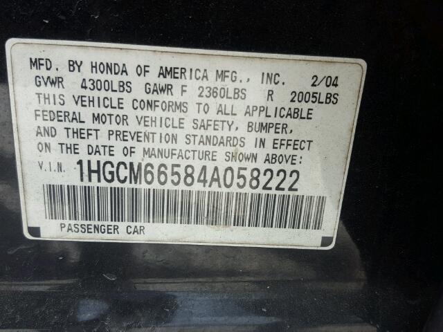 1HGCM66584A058222 - 2004 HONDA ACCORD EX BLACK photo 10