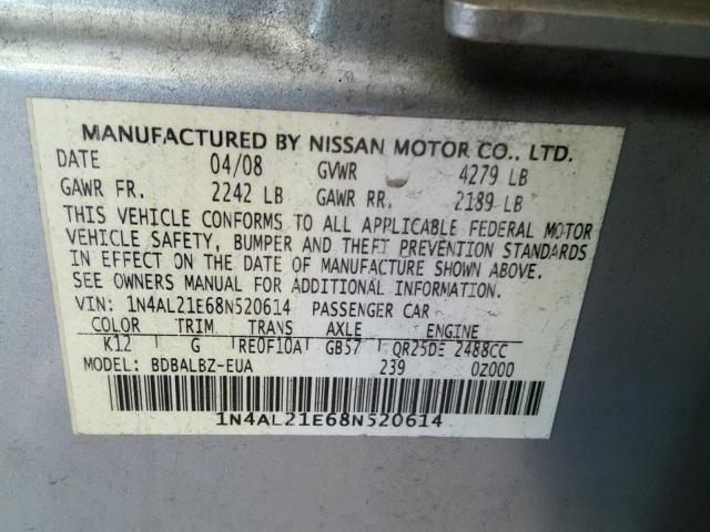 1N4AL21E68N520614 - 2008 NISSAN ALTIMA 2.5 SILVER photo 10