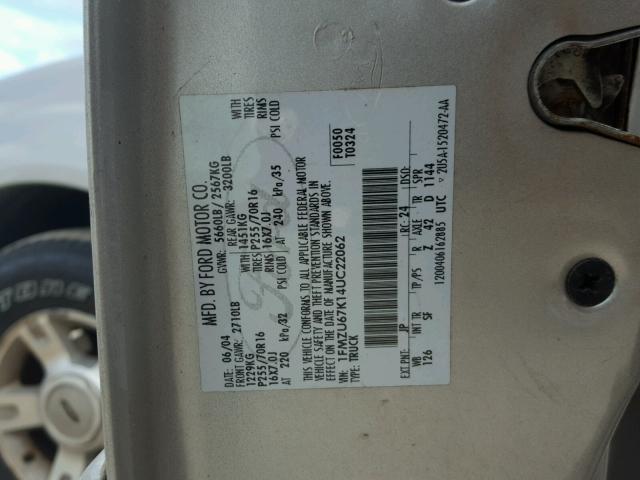 1FMZU67K14UC22062 - 2004 FORD EXPLORER S GRAY photo 10